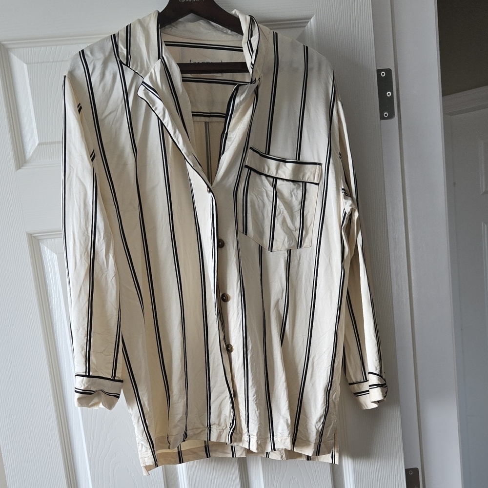 We The Free Cream and Black Striped Blouse